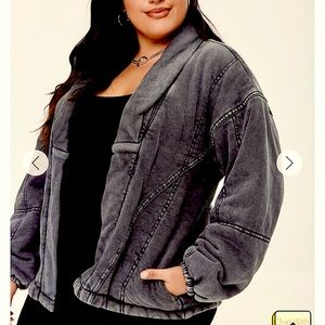 Mineral Wash Faded Black Faux Denim Construction Style Puff Jacket